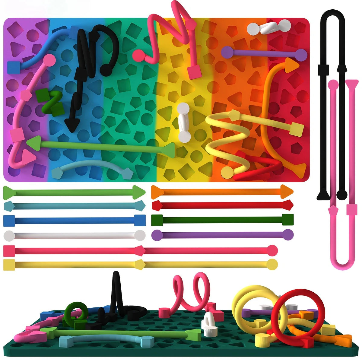 Silicone Sensory Activity Board with Geometric Shape Strips and Storage Bag