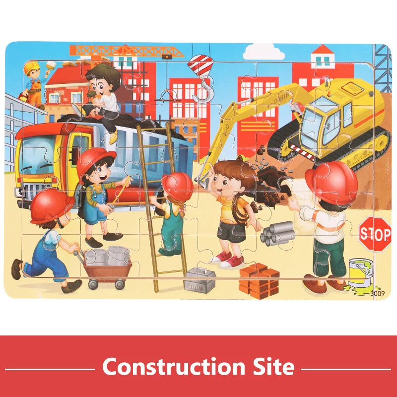 A wooden animal and vehicle tangram puzzle set depicting a construction site with workers, buildings, and machinery.