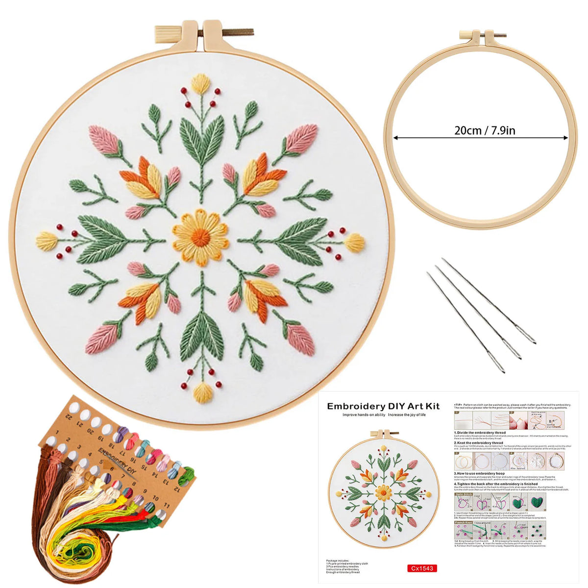 Embroidery DIY kit featuring a mandala flower pattern with stamped threads and English instructions