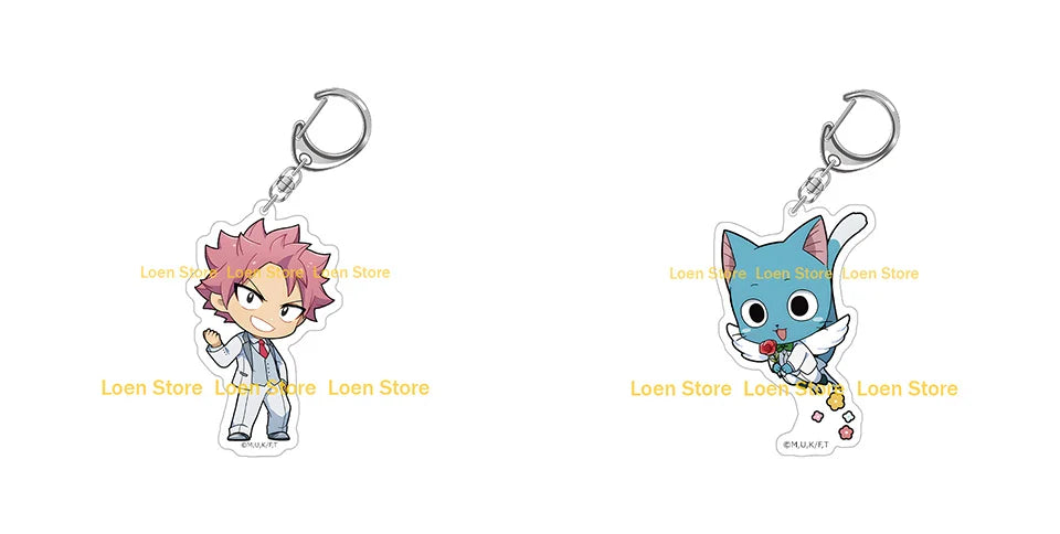 Chibi acrylic keychain of a pink-haired character from Fairy Tail with a silver keyring.