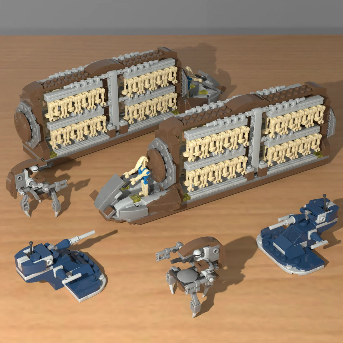 A set of military combat unit building blocks featuring a robot platoon and a transport warship model.