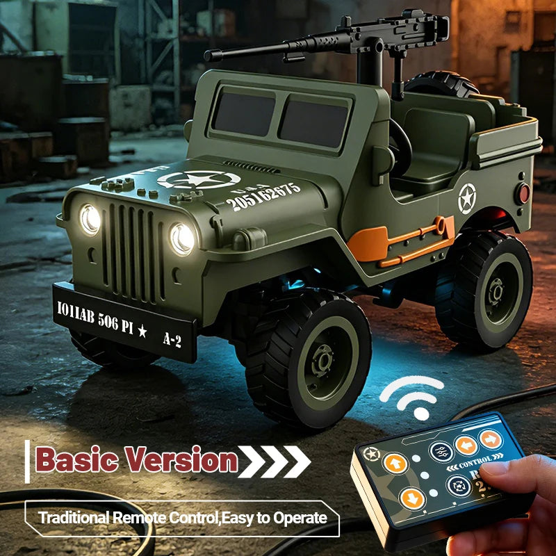 A green 1:64 scale RC Jeep Willys 4WD off-road crawler with a remote control visible in the foreground.