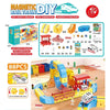 A colorful magnetic DIY train set featuring flexible tracks and various components for building a 3D model.