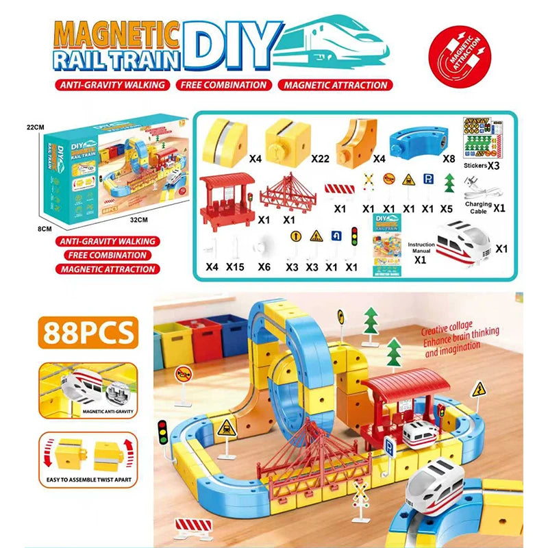A colorful magnetic DIY train set featuring flexible tracks and various components for building a 3D model.