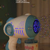 A white and teal automatic bubble machine with lights is shown on a wooden surface.