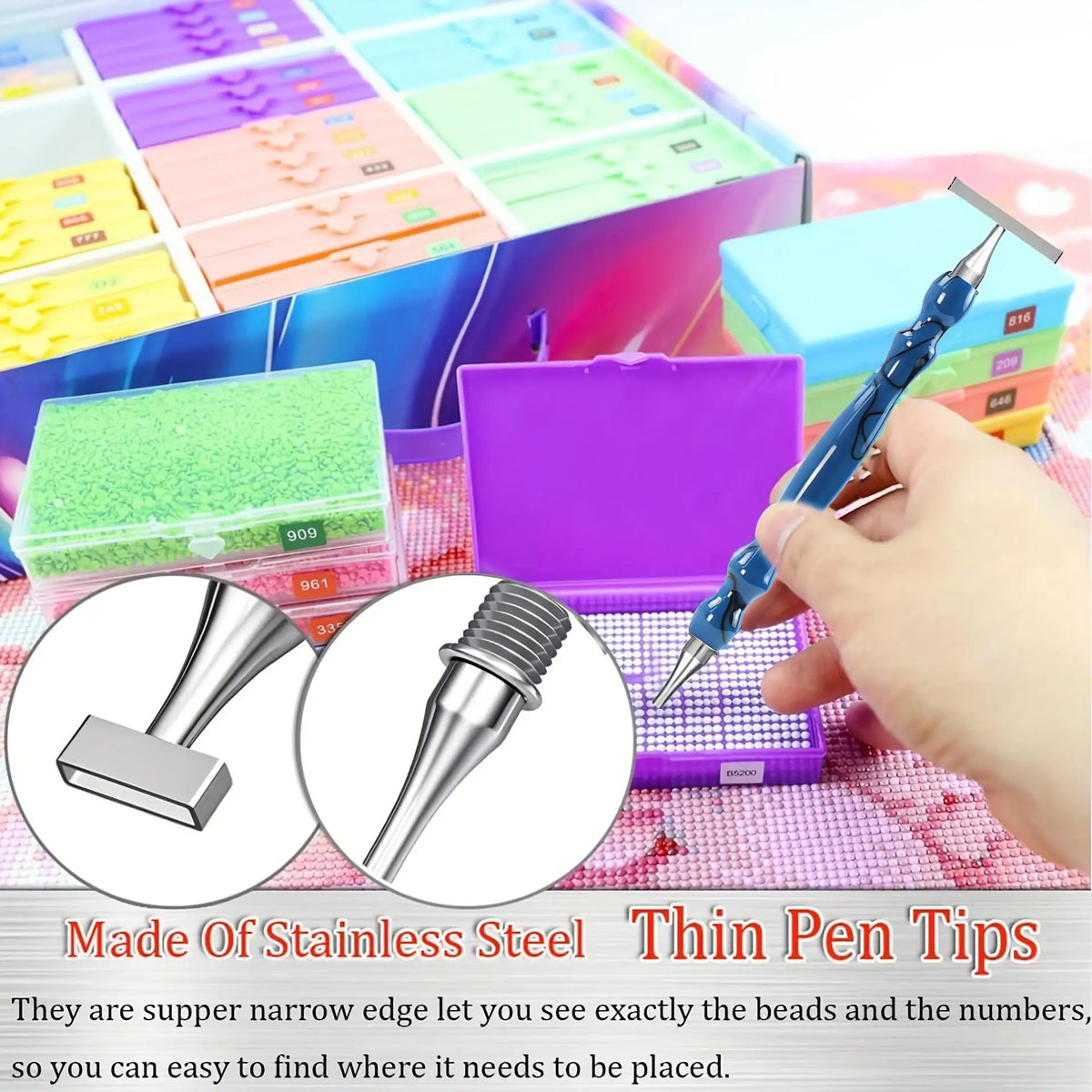 A set of diamond art pens with interchangeable stainless steel tips and wax for placing beads and numbers.