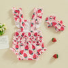 Pink strawberry print baby girls summer romper set with matching ruffle headband
