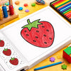 A page from a coloring book showing a large, hand-drawn red strawberry illustration.