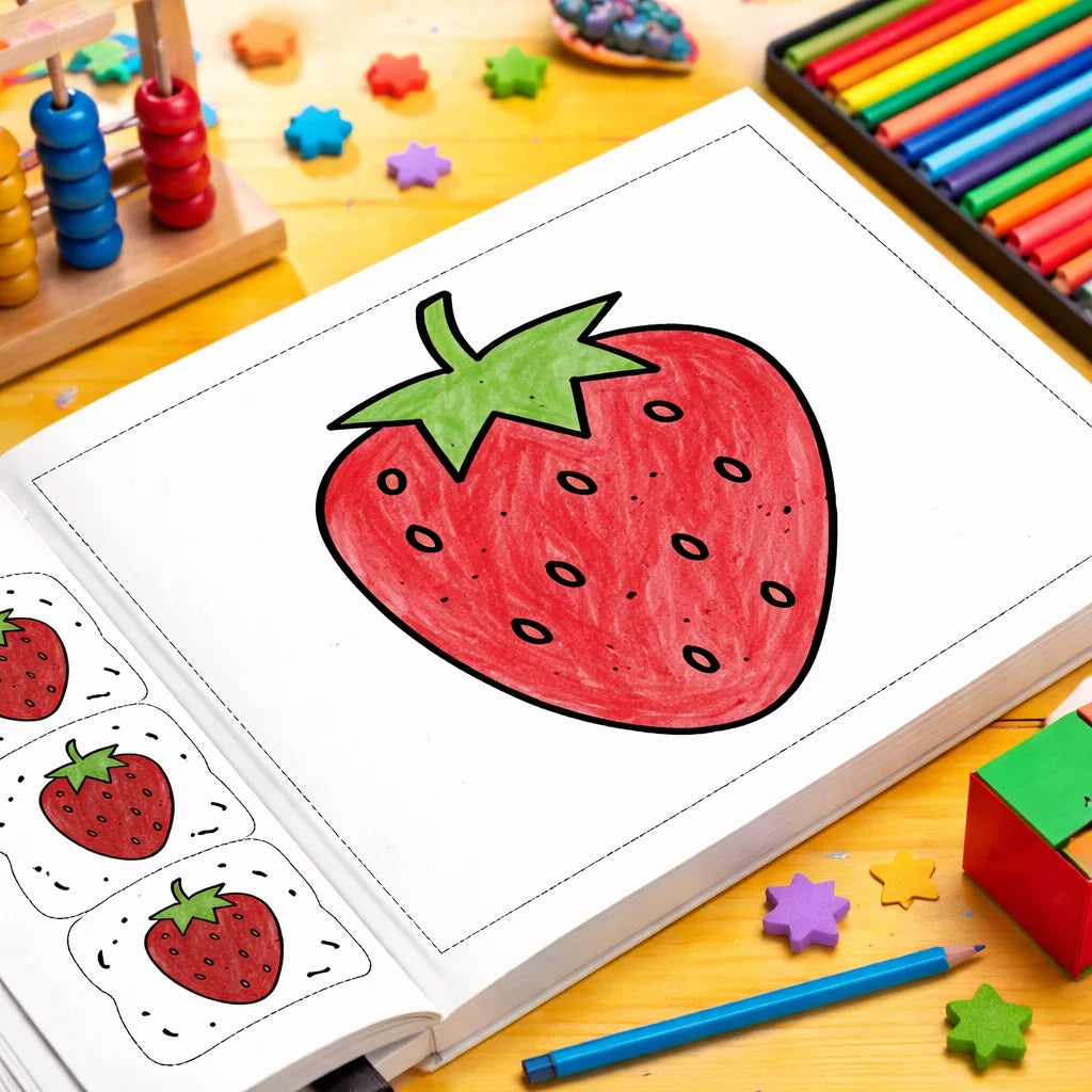 A page from a coloring book showing a large, hand-drawn red strawberry illustration.