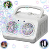 A white automatic bubble machine with dual fans and LED lights is shown, surrounded by floating bubbles.