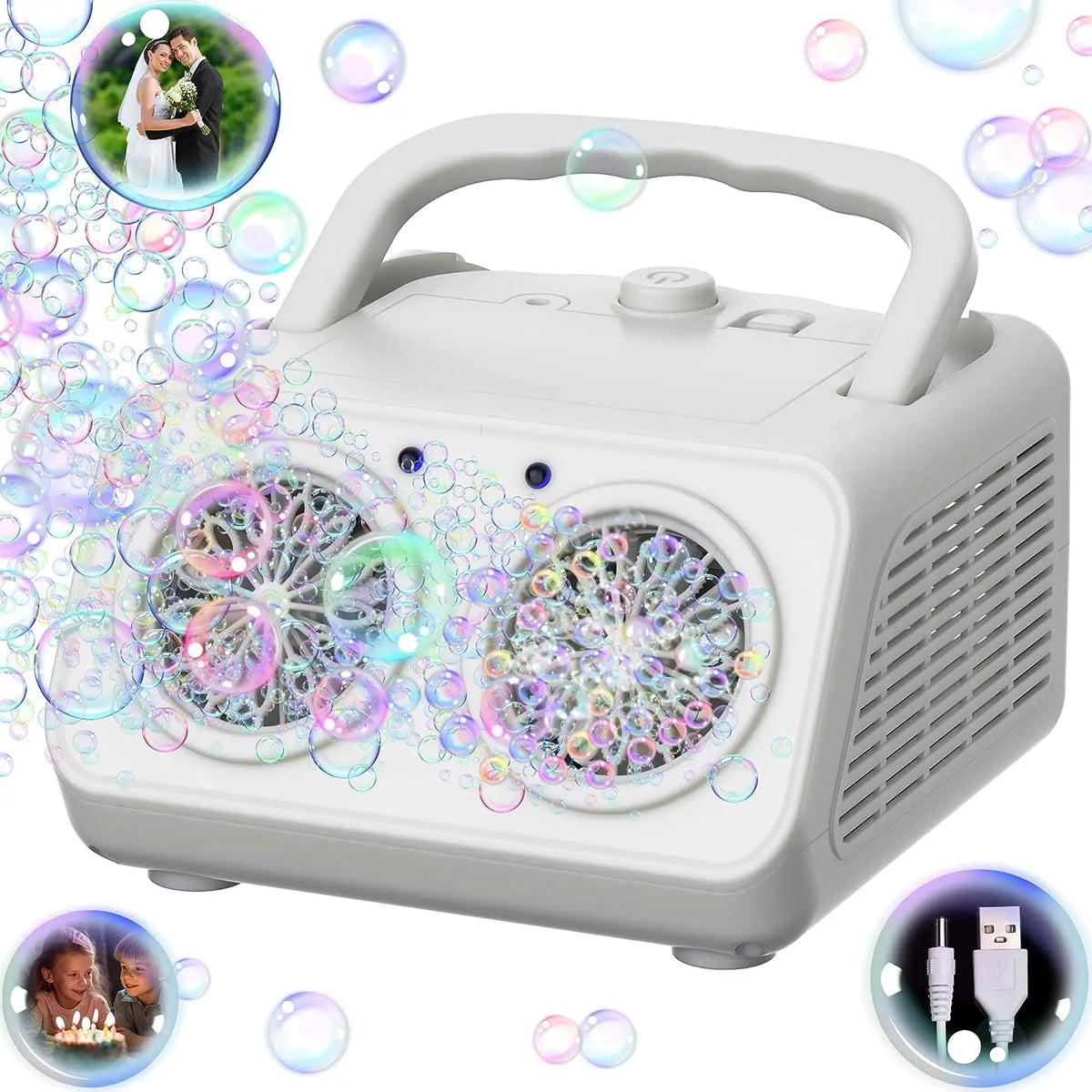 A white automatic bubble machine with dual fans and LED lights is shown, surrounded by floating bubbles.