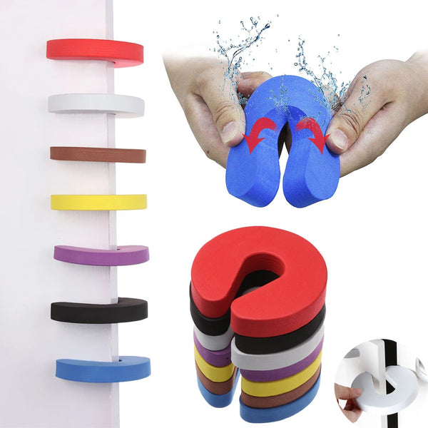 Hands demonstrate a durable foam EVA door stopper with red and blue colors, showing its shape and texture.