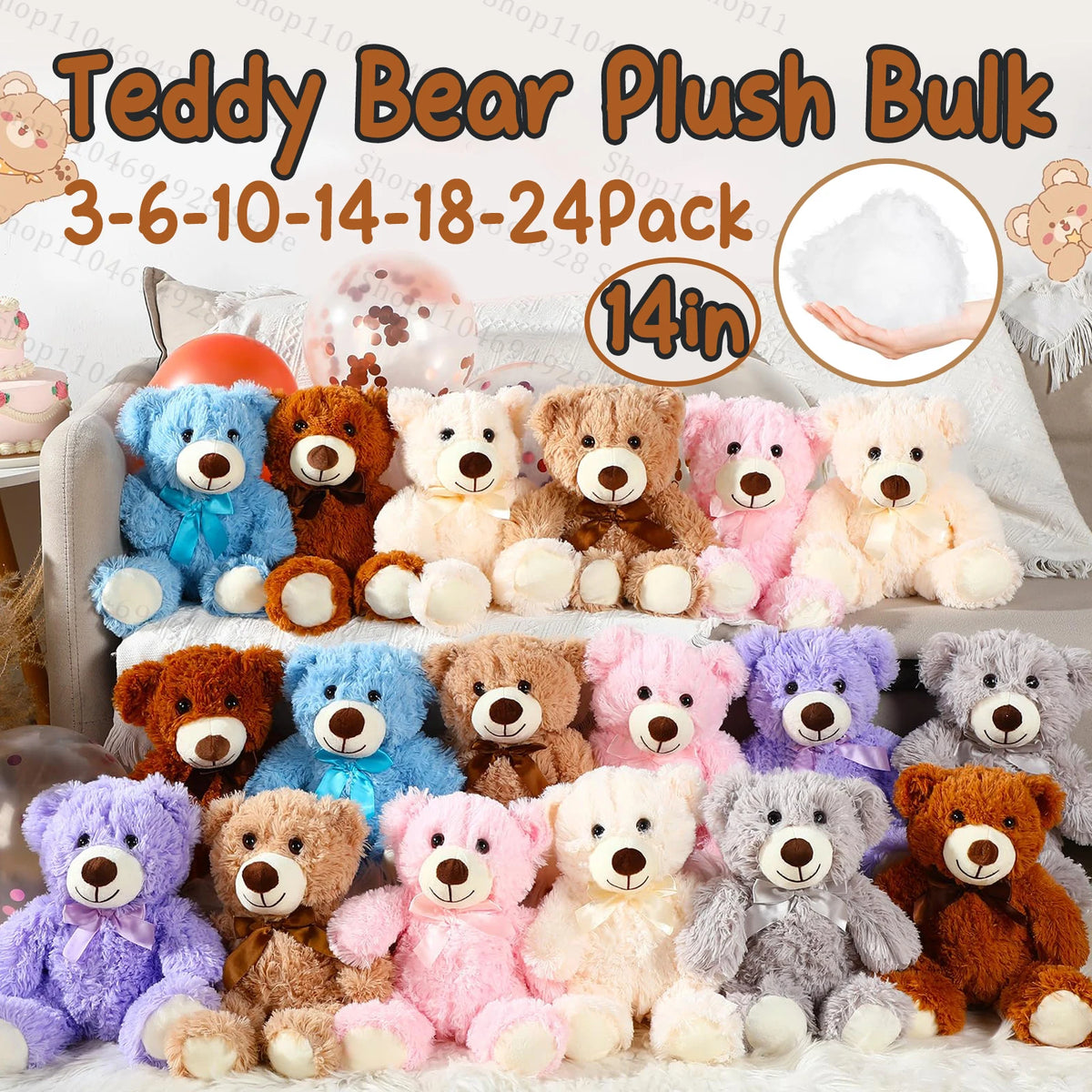 A bulk pack of 24 classic 14 inch plush teddy bears in various colors and textures.