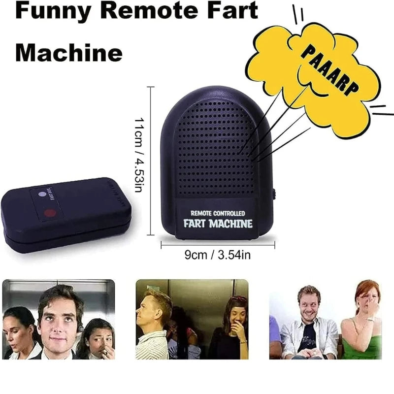 A black remote controlled fart machine device shown alongside people.