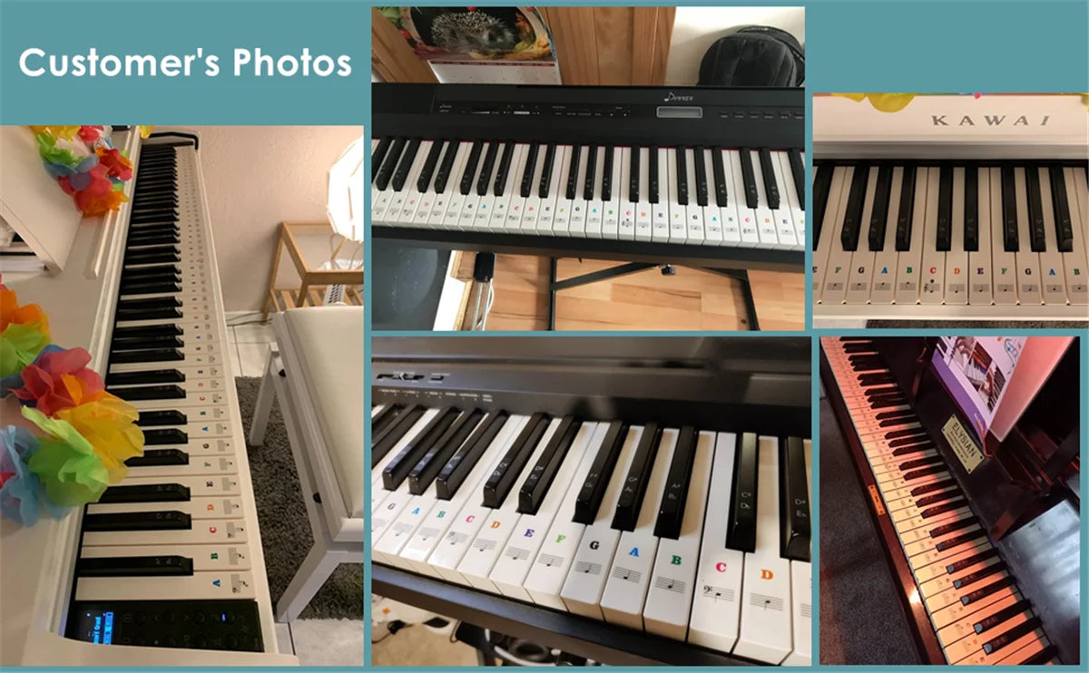 A collection of piano keyboard note stickers for white and black keys displayed on various keyboards.