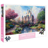 A box for a 1000-piece jigsaw puzzle depicting a fairytale castle and lush garden scenery.