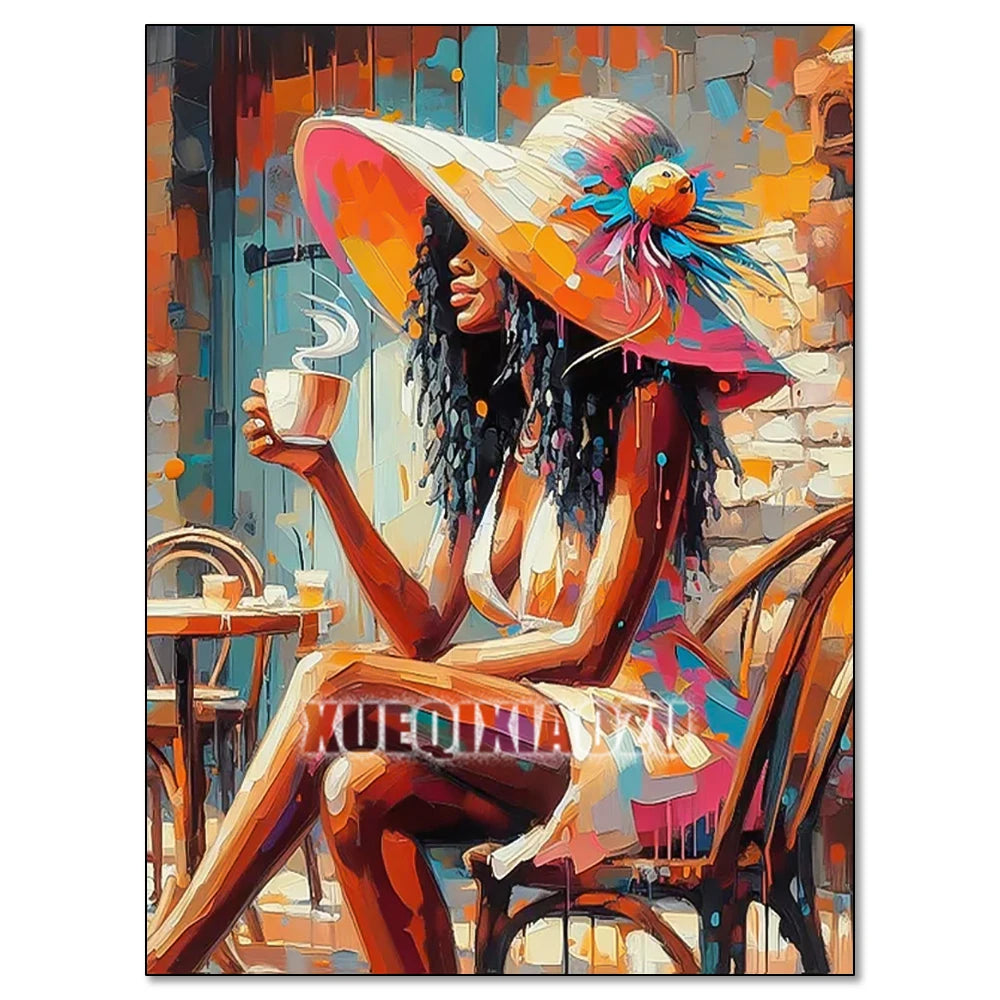 A vibrant painting of an African woman in a wide-brimmed hat, depicted with rich colors and texture.