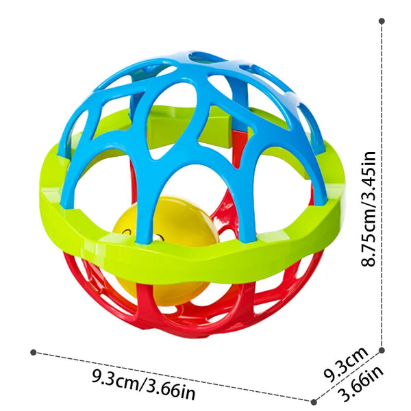 A colorful sensory rattle toy featuring blue, green, and red plastic rings and a yellow ball.
