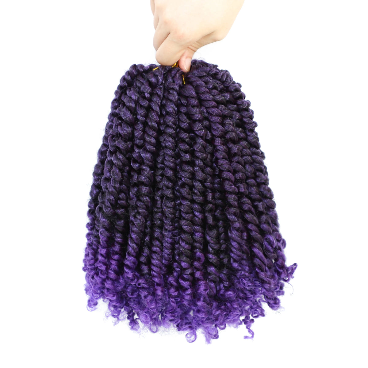 A hand is holding a bundle of purple pre-looped passion twist crochet hair