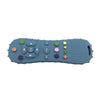 A silicone remote control shaped baby teether toy with various buttons and shapes.