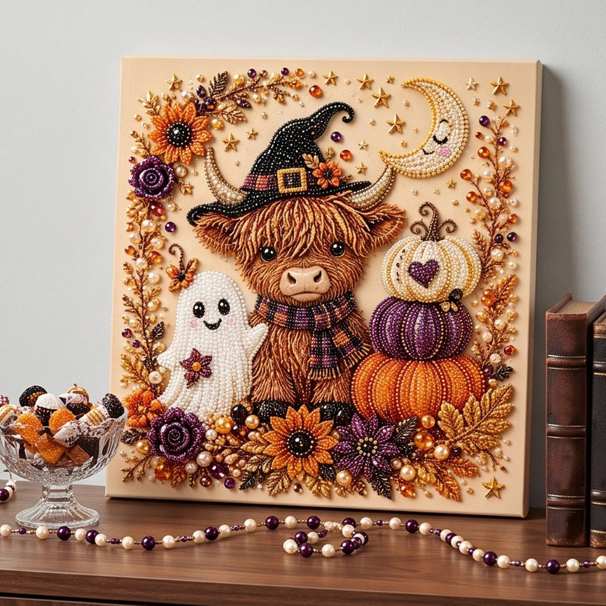 A framed canvas featuring a detailed painting of a brown goat with horns surrounded by autumn flowers and a ghost figure.