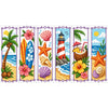 A set of six cross-stitch bookmarks featuring tropical flowers, starfish, shells, and lighthouse designs.