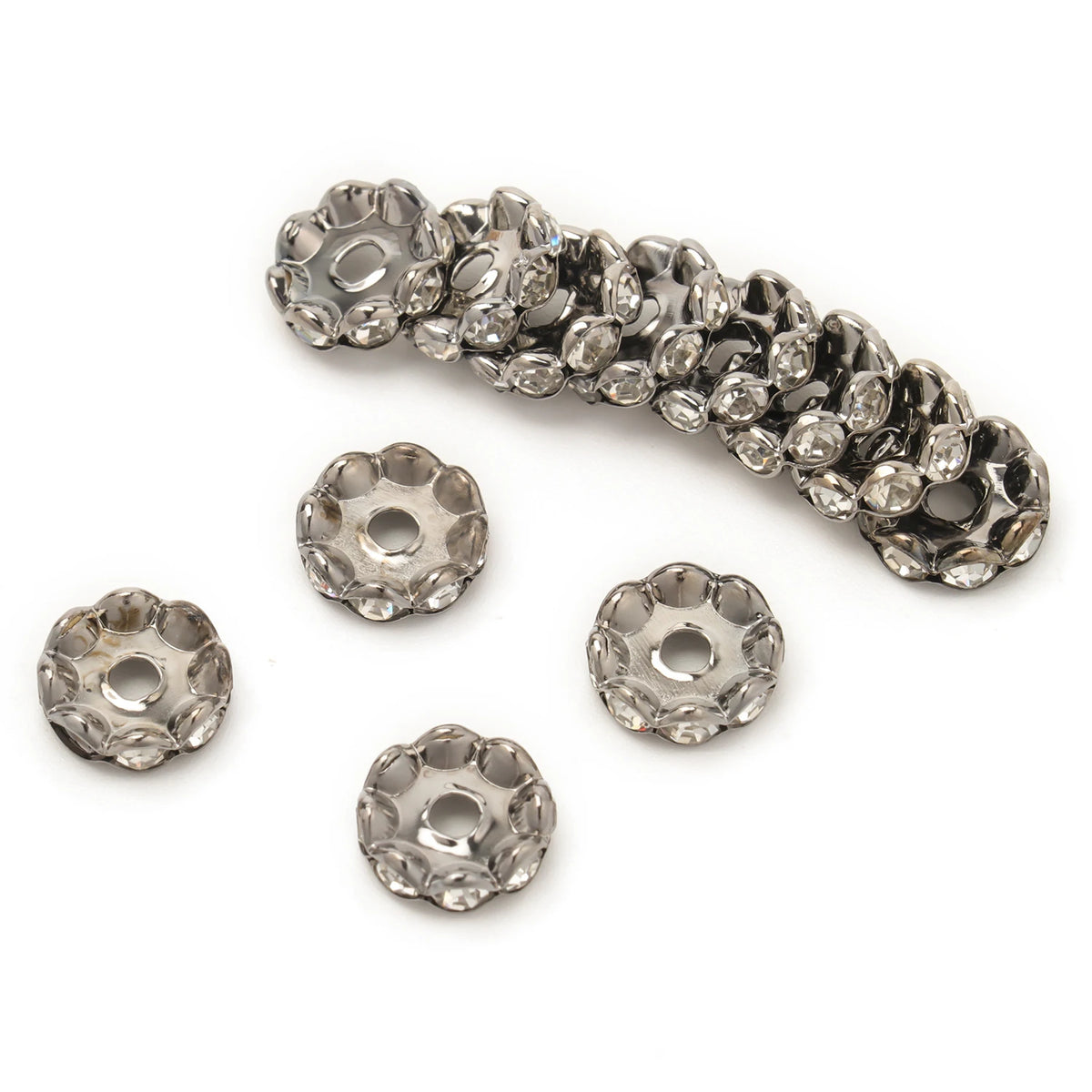 A strand of 12mm crystal rhinestone spacer beads for jewelry making.