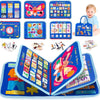 A colorful Montessori busy board for toddlers featuring alphabet, number, and life skills activities.
