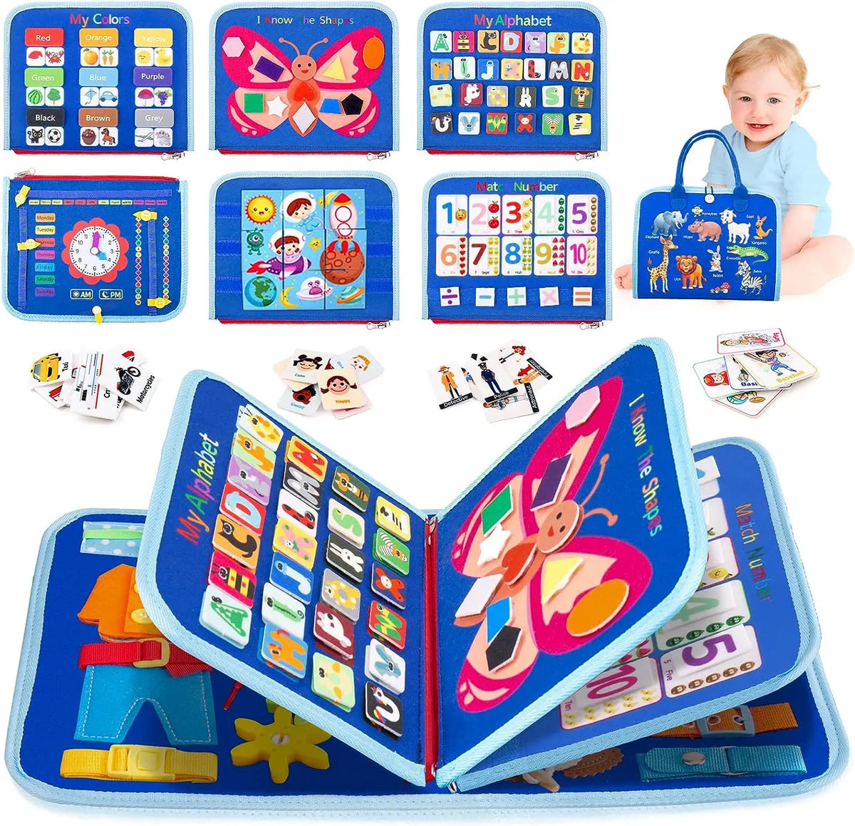 A colorful Montessori busy board for toddlers featuring alphabet, number, and life skills activities.