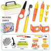 A set of tools kit for kids including a cutter, various tools, and a tool box in yellow and green.