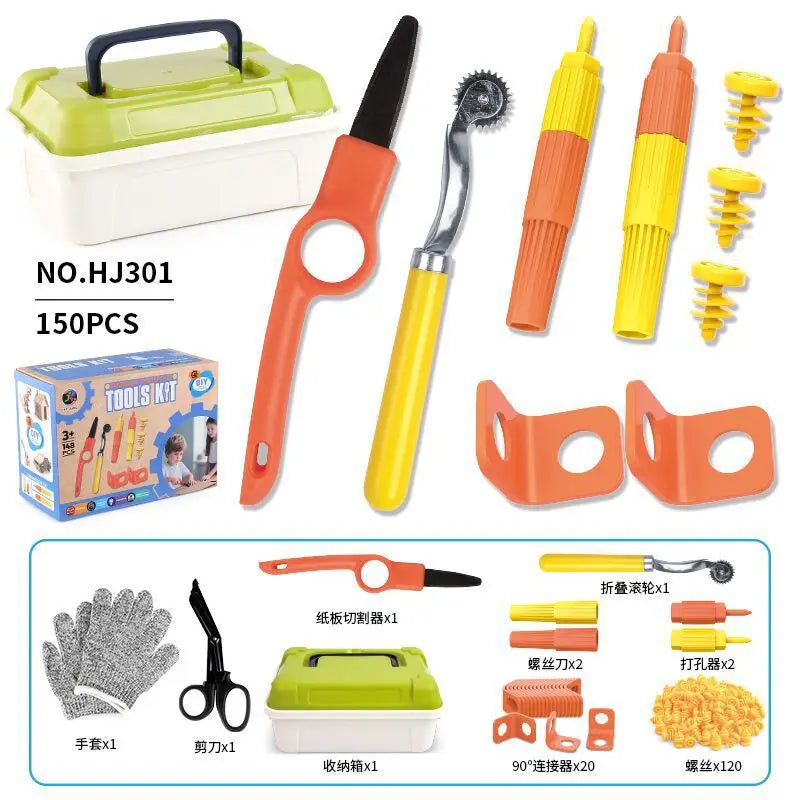 A set of tools kit for kids including a cutter, various tools, and a tool box in yellow and green.