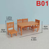 A wooden miniature dollhouse furniture set featuring a table and four chairs in a light wood tone.