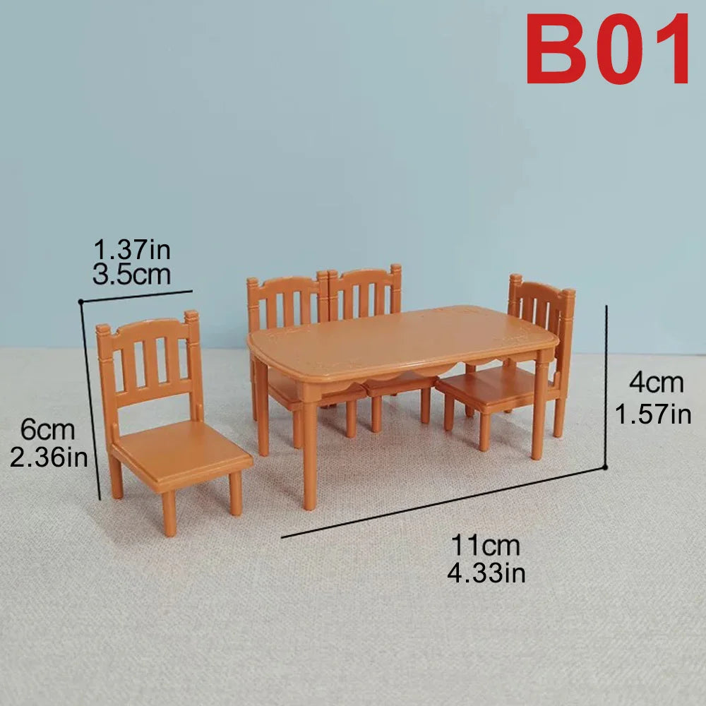 A wooden miniature dollhouse furniture set featuring a table and four chairs in a light wood tone.