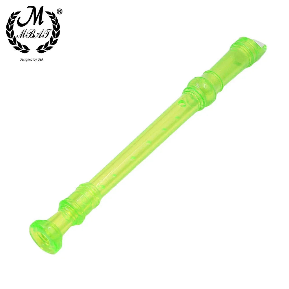 A bright green transparent soprano recorder with a cleaning rod.