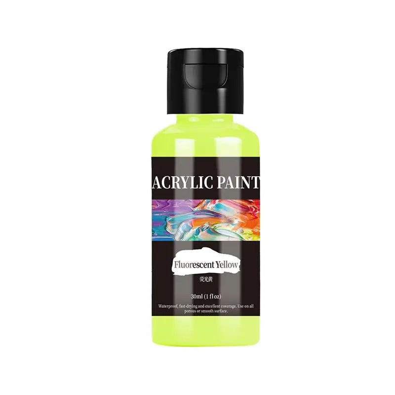 A bottle of fluorescent yellow acrylic paint with a black cap and label.