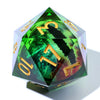 A green resin D20 die with a diamond shape showing a liquid swirl of blue and purple colors.