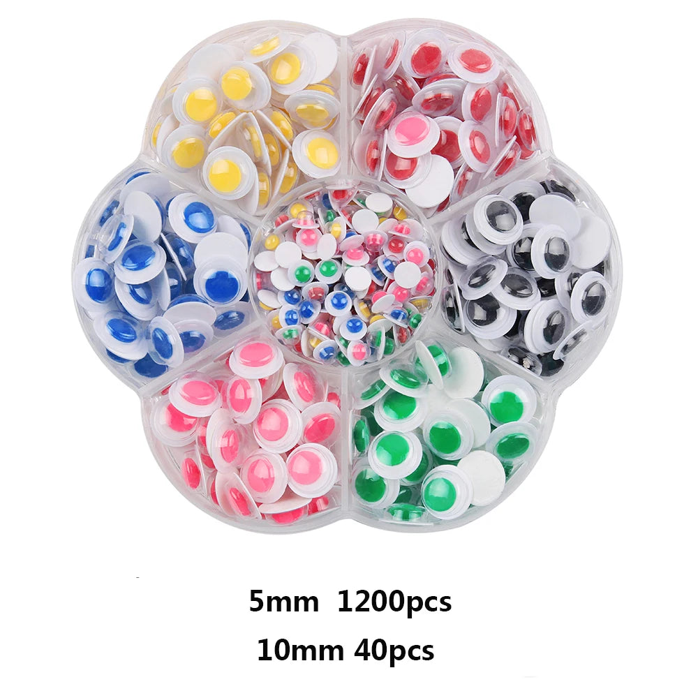 A collection of self-adhesive googly eyes in various colors and sizes, packaged for DIY crafts.