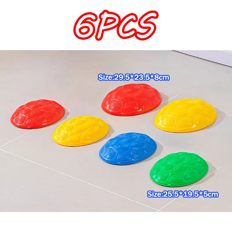 Six colorful plastic balance stepping stones in red, yellow, blue, and green for children's sensory and motor skills developm