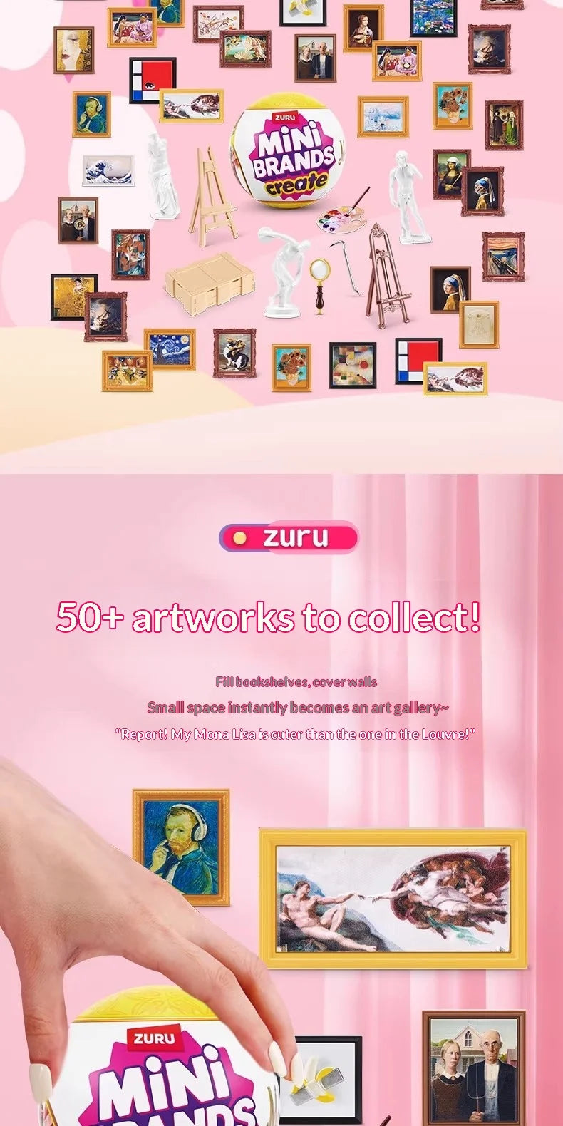 A hand holds a ZURU Mini Brands collectible artwork set featuring various miniature paintings and sculptures.