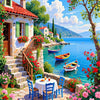 A vibrant painting of a seaside harbor scene with boats, lush greenery, and colorful flowers.