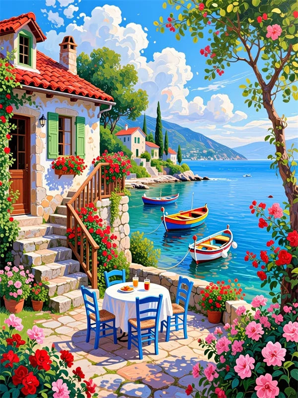 A vibrant painting of a seaside harbor scene with boats, lush greenery, and colorful flowers.
