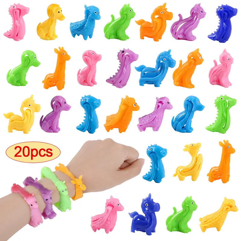 A collection of colorful animal and dinosaur sensory stress bracelets for kids shown in various shades and styles.