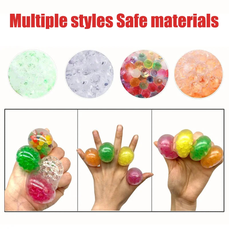 A collection of colorful, translucent stress balls made from various safe materials like glass and rubber.