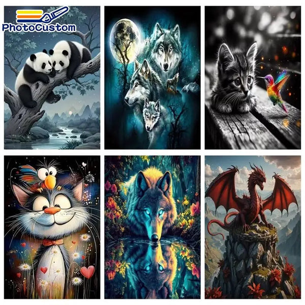 Ni detaljerte malebilder med dyr som panda, ulv, katt og drage.