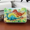 A jigsaw puzzle featuring a friendly orange dinosaur and a blue dinosaur in a tropical jungle setting.