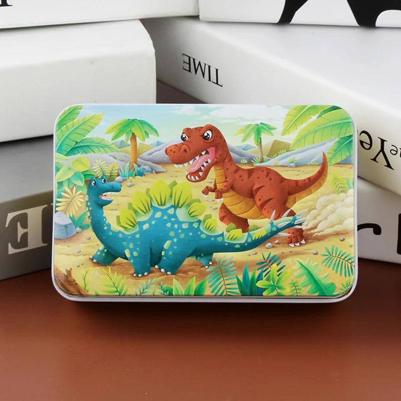A jigsaw puzzle featuring a friendly orange dinosaur and a blue dinosaur in a tropical jungle setting.