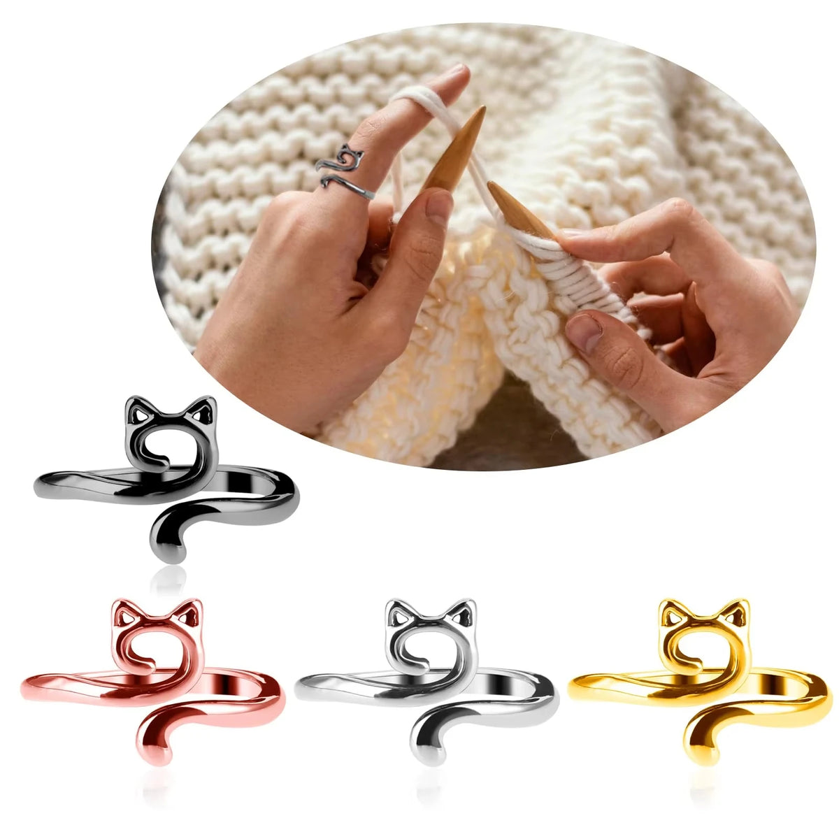 A set of adjustable cat-ear yarn guide rings in silver, rose gold, and gold colors shown with a hand knitting yarn.