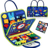 A Montessori felt activity busy book for toddlers featuring a dinosaur theme with various colorful fabric pieces.