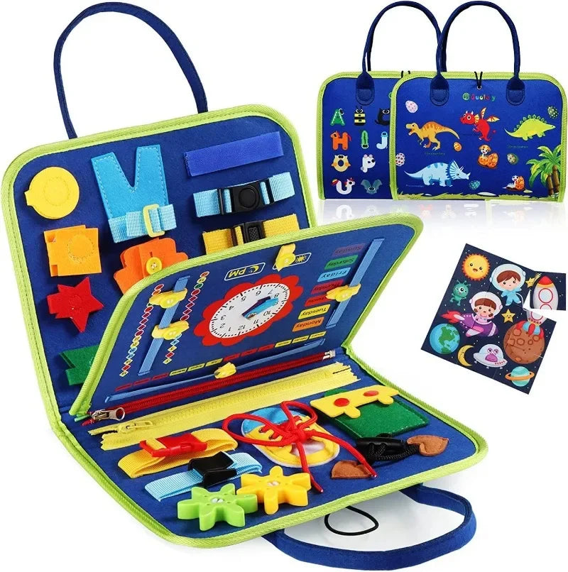 A Montessori felt activity busy book for toddlers featuring a dinosaur theme with various colorful fabric pieces.