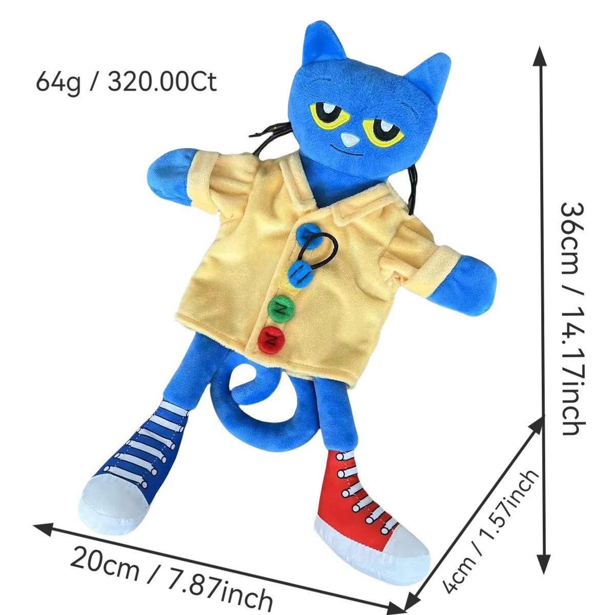 A blue cartoon cat plush toy wearing a yellow outfit and striped blue shoes.